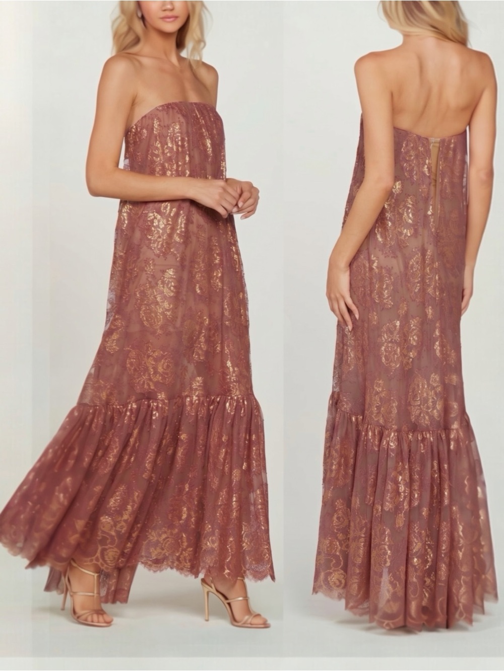 Helsi Cara Women’s Strapless Metallic Burgundy Gold Lace Maxi Dress Size XS NEW - Picture 3 of 12